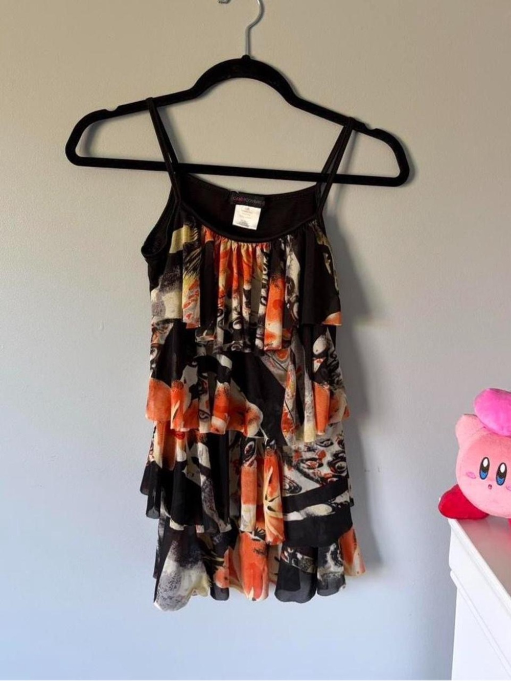 Candy CoutureTiered Ruffle Black TOP with Orange & Cream Floral Print